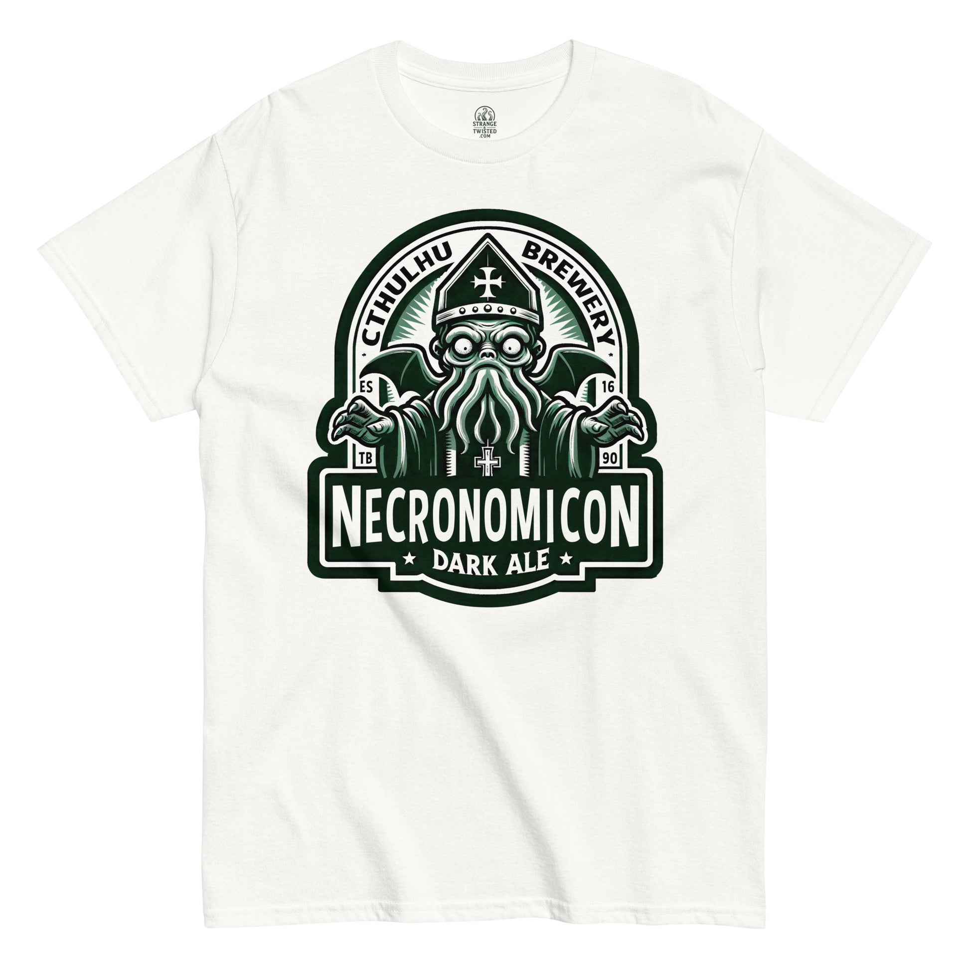 Necronomicon Dark Ale Cthulhu T-shirt on white – horror parody design featuring Cthulhu mascot and brewery-style branding