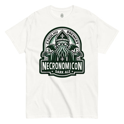 Necronomicon Dark Ale Cthulhu T-shirt on white – horror parody design featuring Cthulhu mascot and brewery-style branding