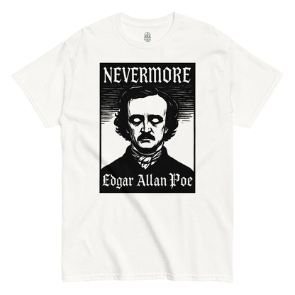 Edgar Allan Poe T-shirt on white – gothic “Nevermore” design inspired by Poe’s The Raven