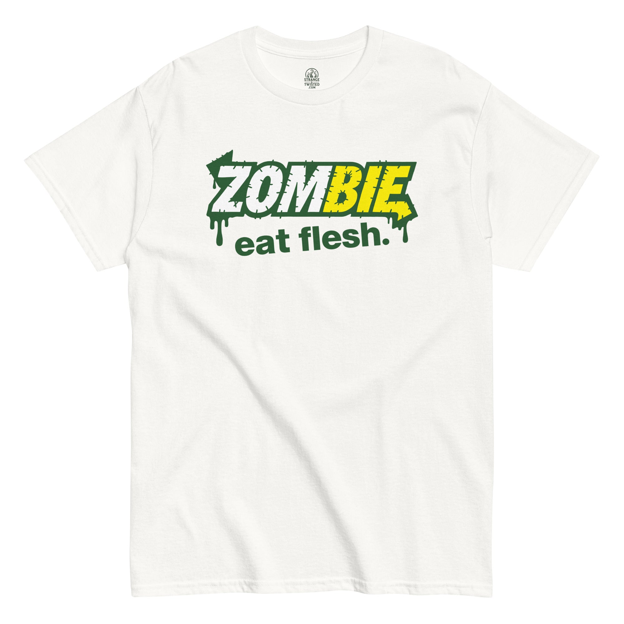 Funny Zombie Eat Flesh T-shirt on white, horror parody design with dripping green and yellow zombie text, dark humor gift for horror fans