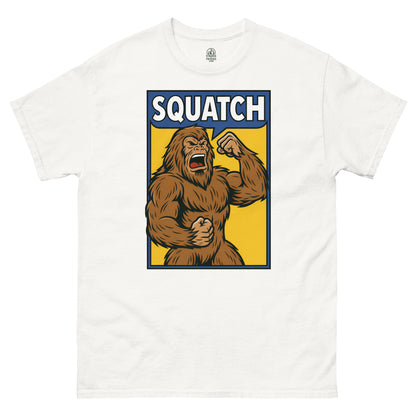 Funny Sasquatch Bigfoot T-shirt on white, comic-style Bigfoot flexing design for cryptid and wilderness fans