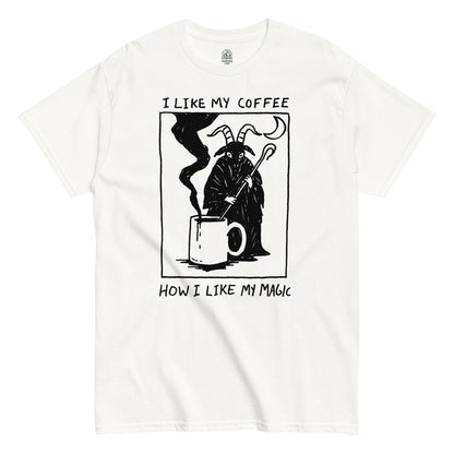 White Baphomet occult coffee T-shirt featuring mystical horned figure holding cup, witchy caffeine humor design for gothic aesthetic lovers