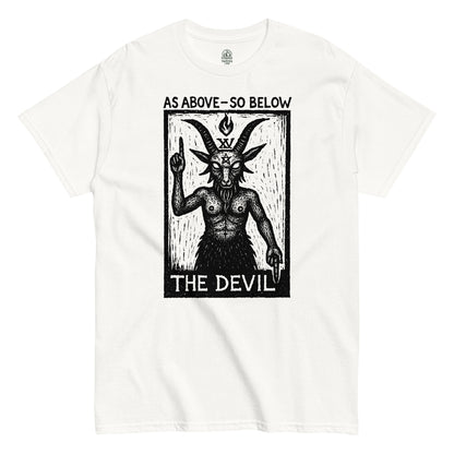 White As Above So Below T-shirt with intricate Baphomet tarot card illustration, occult symbolism and gothic aesthetic design by Strange and Twisted