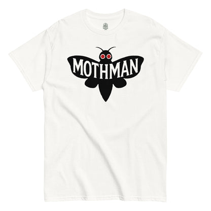 White Mothman T-shirt featuring bold black cryptid design with red eyes, minimalist paranormal apparel by Strange and Twisted