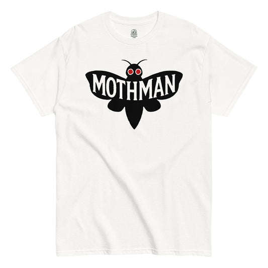 White Mothman T-shirt featuring bold black cryptid design with red eyes, minimalist paranormal apparel by Strange and Twisted