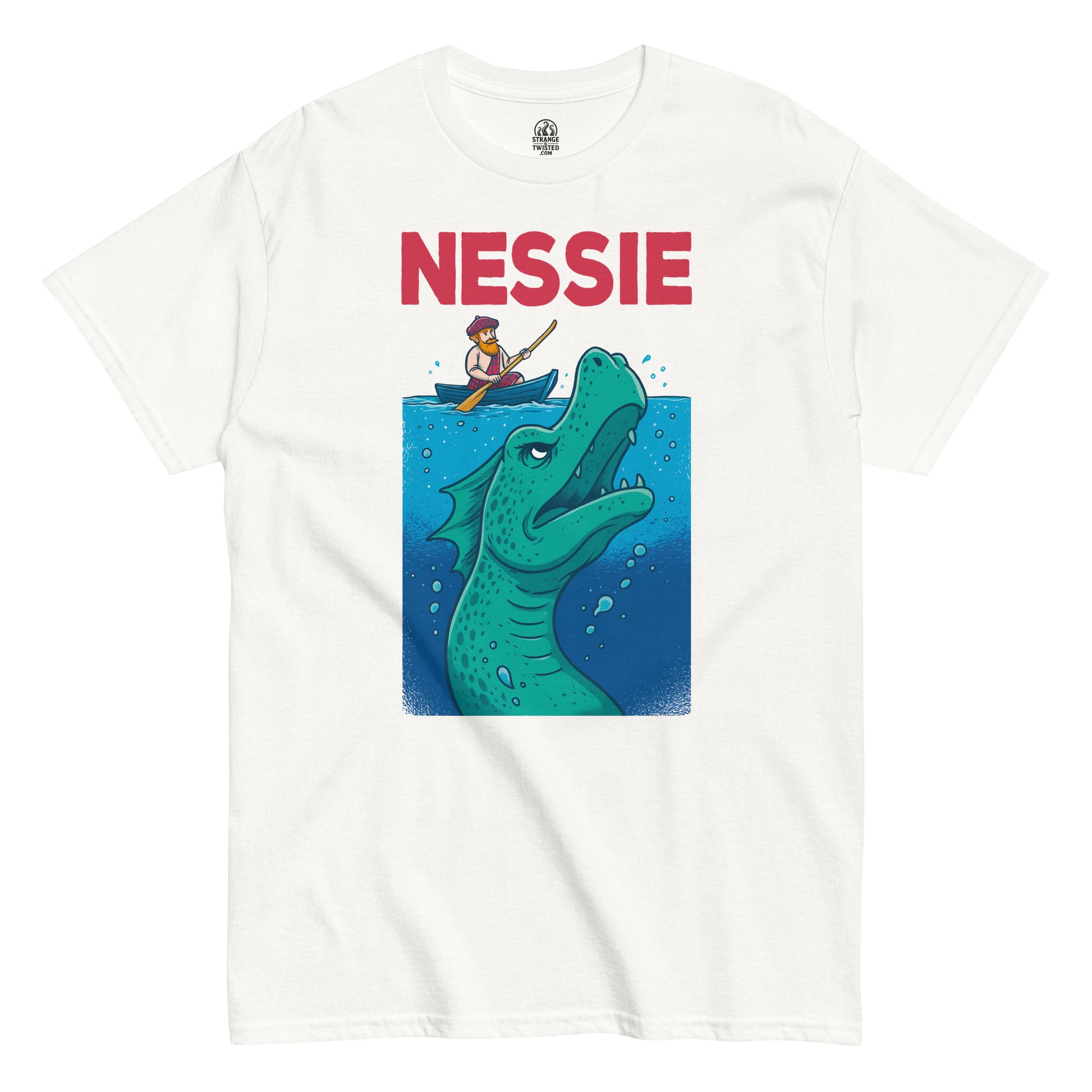 White Nessie T-shirt featuring cartoon Loch Ness Monster and Scottish man in rowboat, funny Scottish folklore apparel by Strange and Twisted