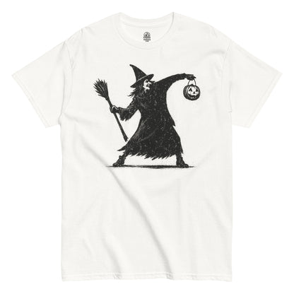 Vintage Witch Graffiti T-shirt featuring hand-drawn witch holding broom and pumpkin in black distressed print on white background.