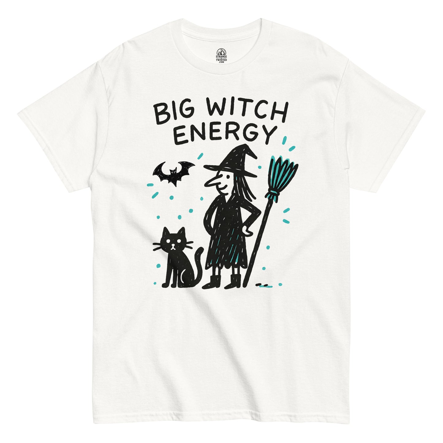 Big Witch Energy T-shirt featuring cartoon witch with broom and cat in black and teal design on white background.