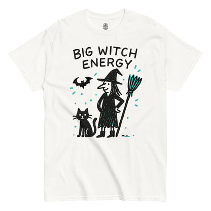 Big Witch Energy T-shirt featuring cartoon witch with broom and cat in black and teal design on white background.