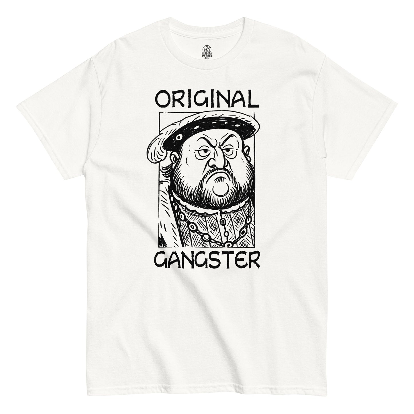 Funny Henry VIII T-shirt featuring black cartoon-style parody artwork of the Tudor king on white fabric.