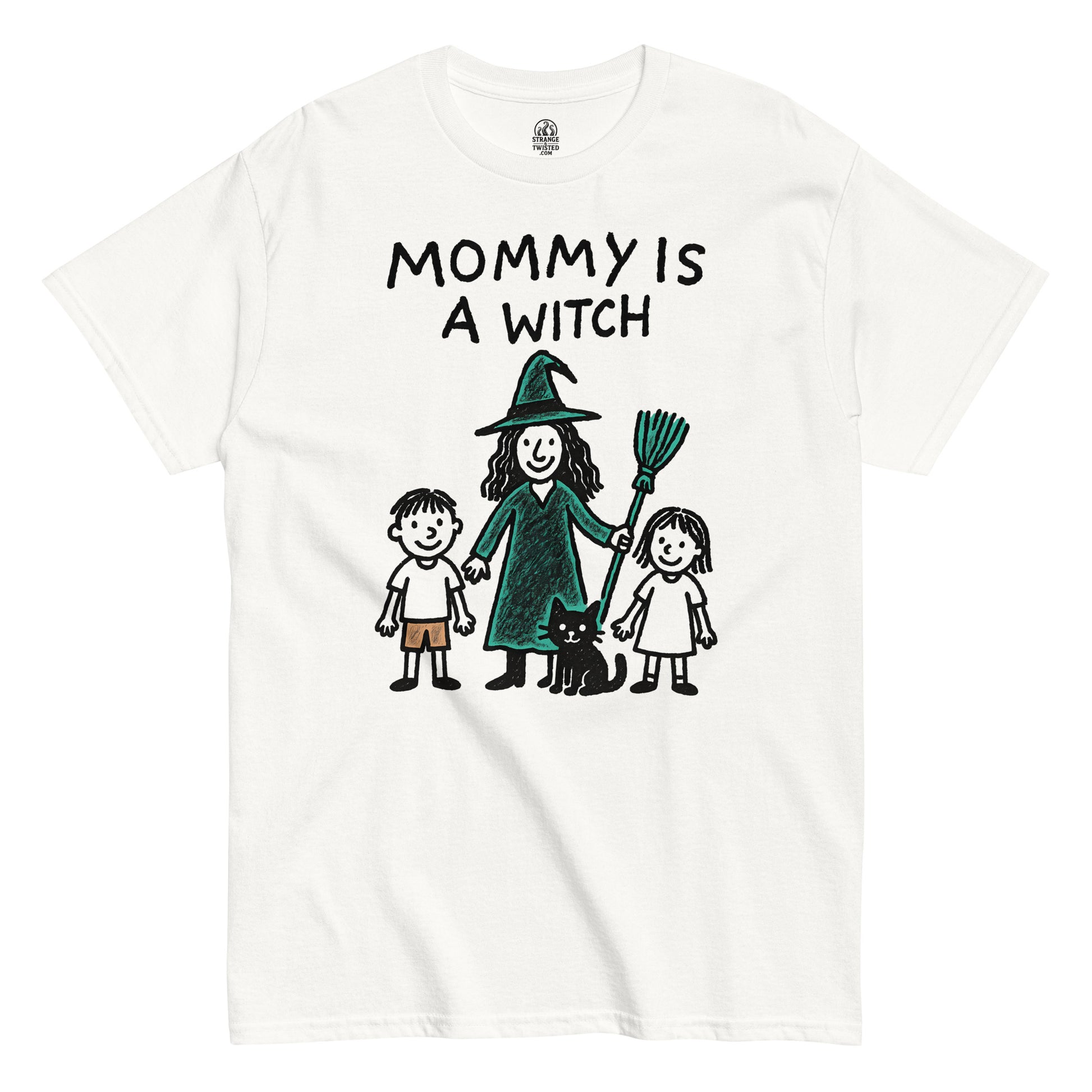 Mommy Is a Witch T-shirt featuring a black and teal chalk-style witch family illustration on white fabric.