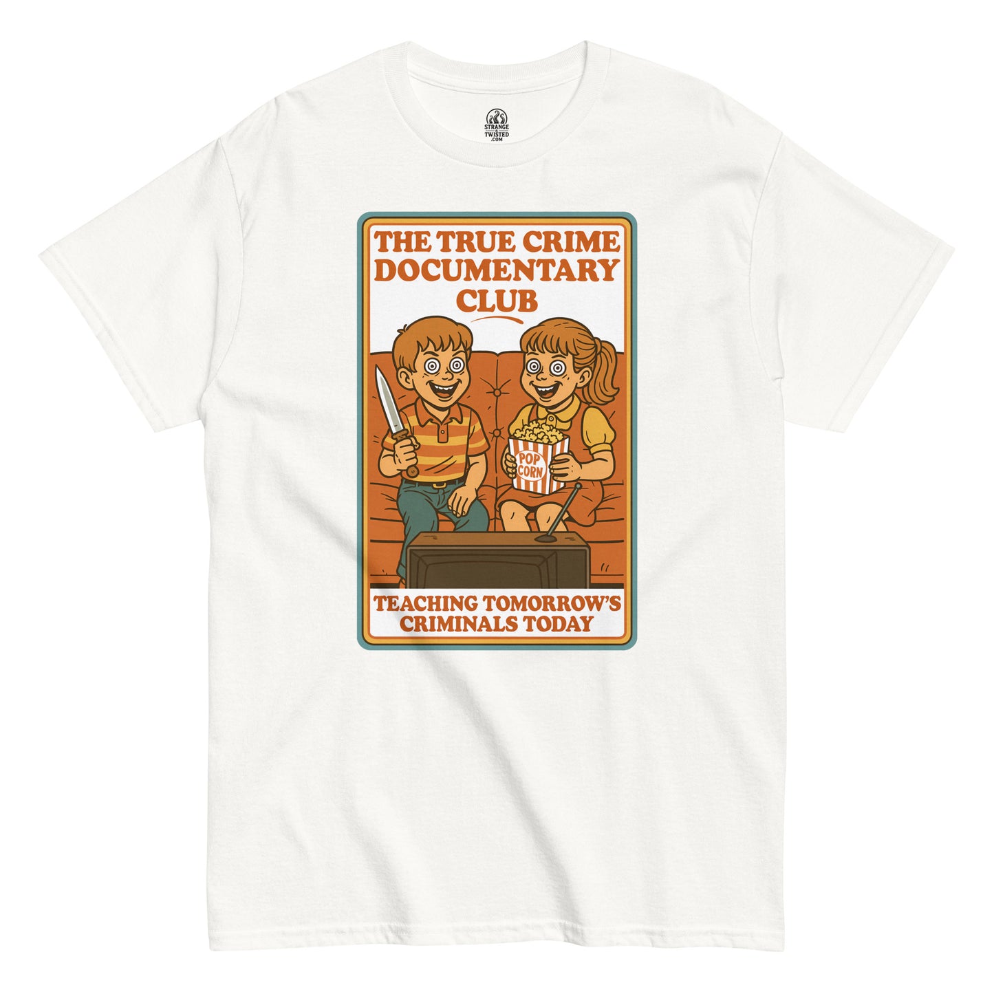 Retro 70's children's book cover art-style “The True Crime Documentary Club” design showing two kids watching TV, vintage humor T-shirt for true crime fans.