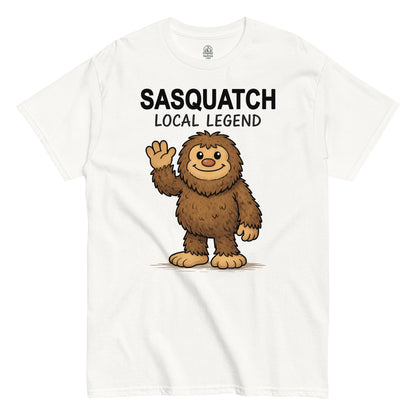 funny white Cryptid Sasquatch T-shirt featuring a cartoon Bigfoot and the words "Sasquatch Local Legend", by Strange & Twisted