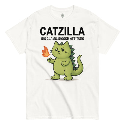 Front view of white Catzilla t-shirt, featuring a cute cartoon Catzilla, and the words "catzilla, big claws bigger attitude", by Strange & Twisted