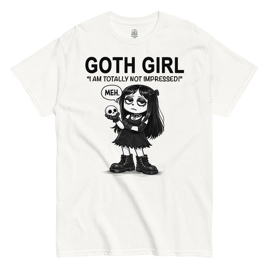 Goth girl cartoon holding a skull with a bored unimpressed expression, Meh speech bubble, gothic black and white illustration on a white t shirt