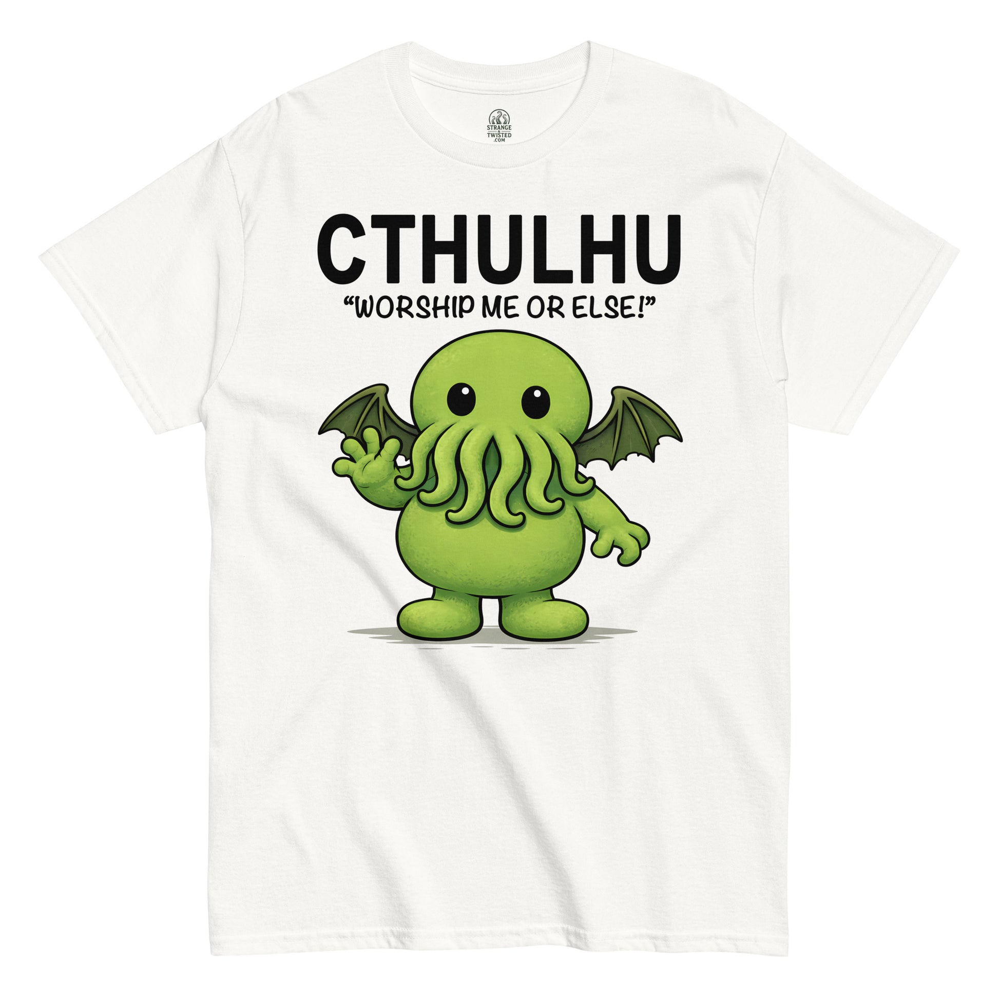 Cute green Cthulhu cartoon with tentacles and wings, Worship Me Or Else text, funny cosmic horror illustration printed on a white t shirt