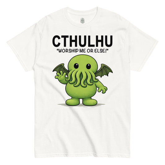 Cute green Cthulhu cartoon with tentacles and wings, Worship Me Or Else text, funny cosmic horror illustration printed on a white t shirt