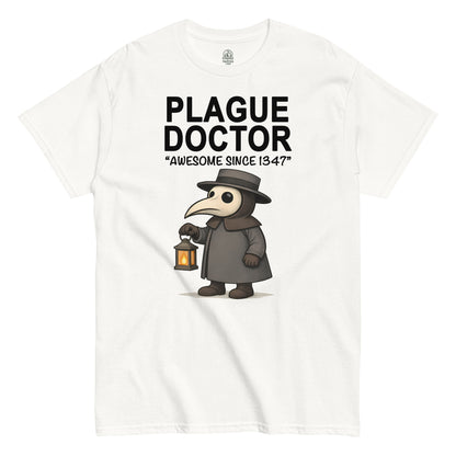 Cute plague doctor cartoon holding a lantern with Awesome Since 1347 text, funny gothic medieval illustration printed on a white t shirt