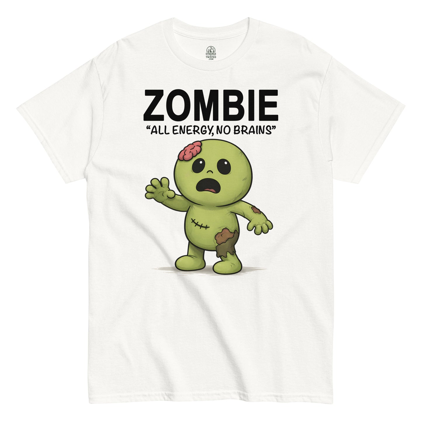 Cute cartoon zombie, All Energy No Brains text, funny horror illustration printed on a white t shirt