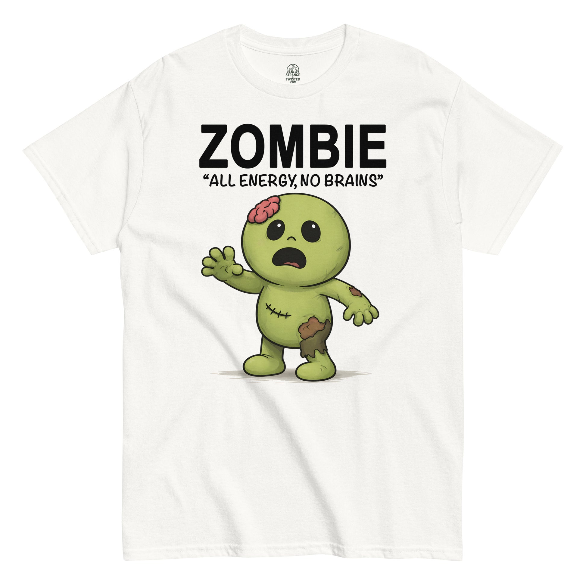 Cute cartoon zombie, All Energy No Brains text, funny horror illustration printed on a white t shirt