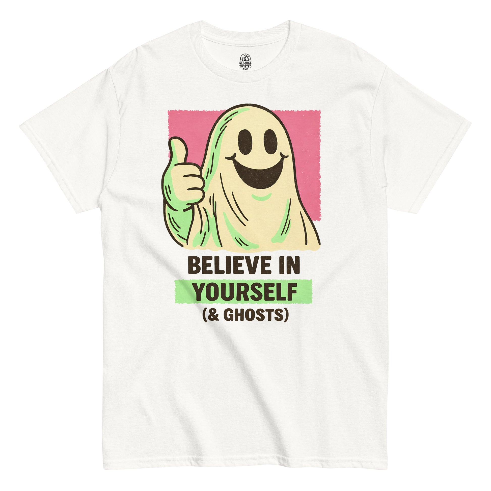 Smiling cartoon ghost giving a thumbs up with Believe In Yourself And Ghosts text, cute spooky illustration printed on a white t shirt