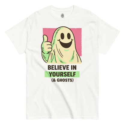 Smiling cartoon ghost giving a thumbs up with Believe In Yourself And Ghosts text, cute spooky illustration printed on a white t shirt