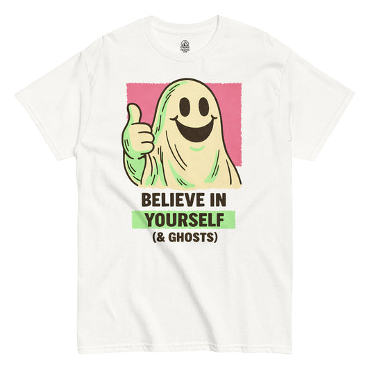Smiling cartoon ghost giving a thumbs up with Believe In Yourself And Ghosts text, cute spooky illustration printed on a white t shirt