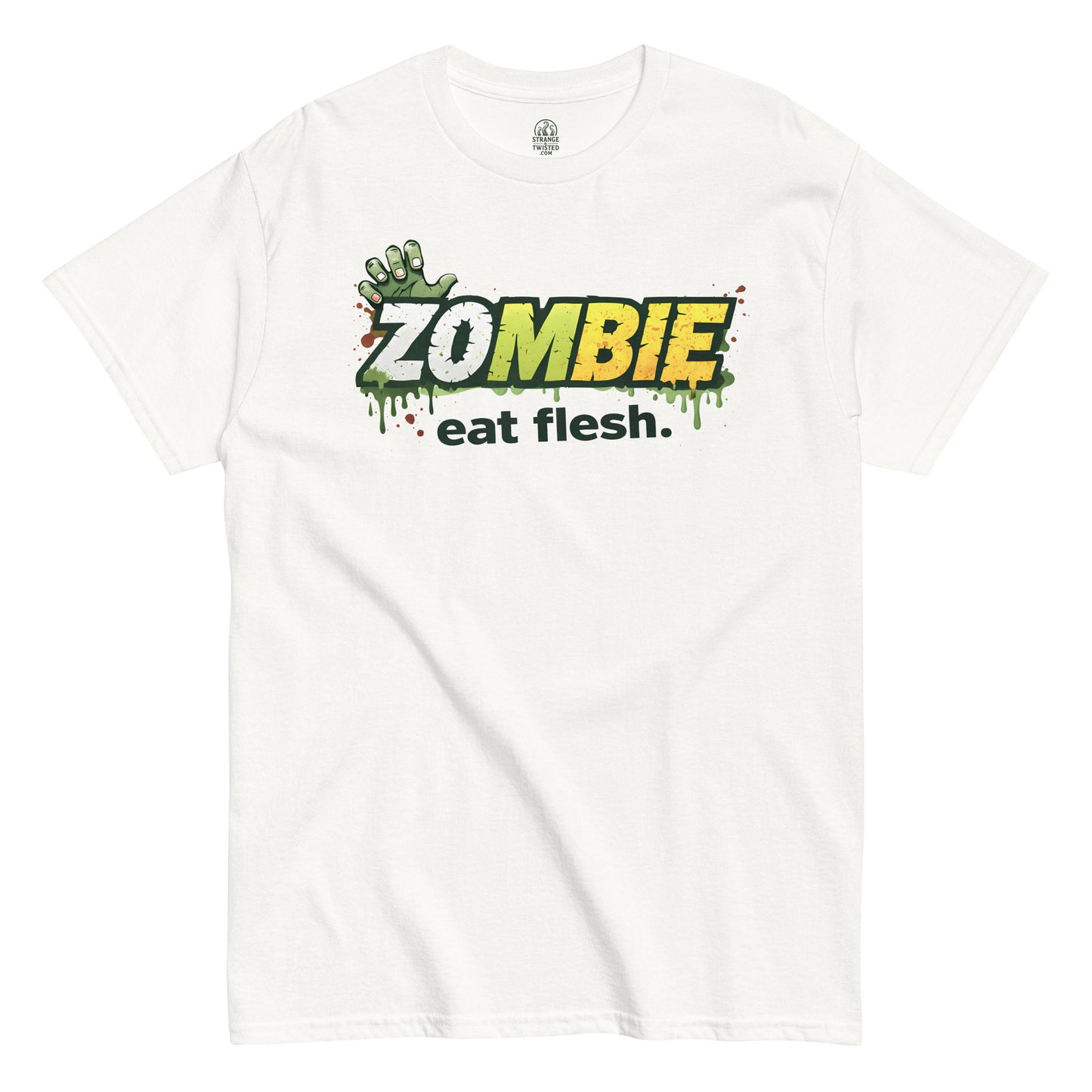White t-shirt with 'Zombie eat flesh' funny horror graphic design on a white background