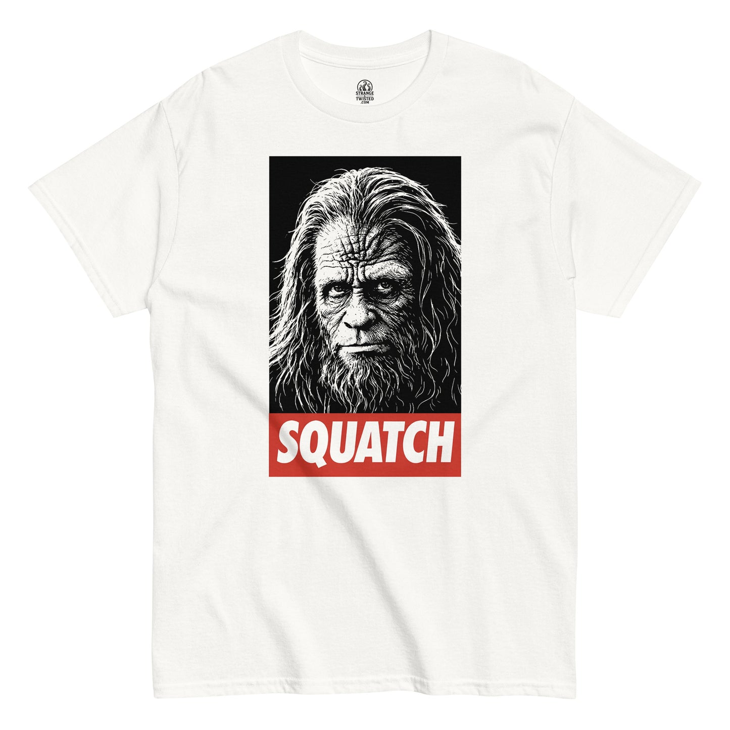 Sasquatch portrait illustration t-shirt on white with bold SQUATCH text