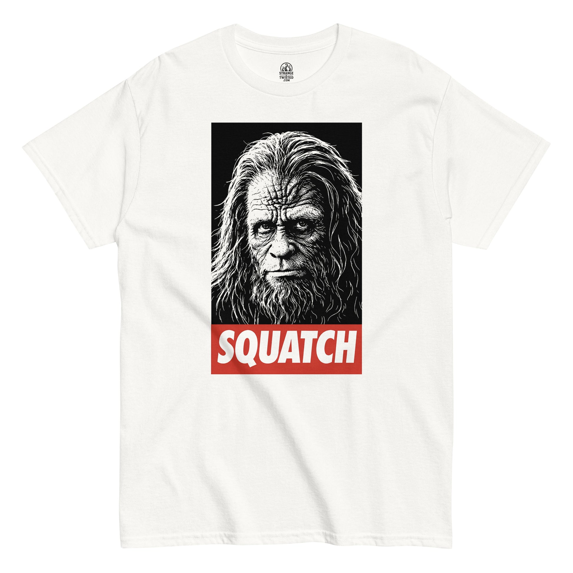 Sasquatch portrait illustration t-shirt on white with bold SQUATCH text