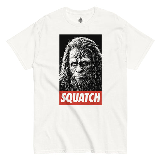 Sasquatch portrait illustration t-shirt on white with bold SQUATCH text