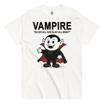 Cartoon vampire T-shirt on white background with Sleep All Day Slay All Night text