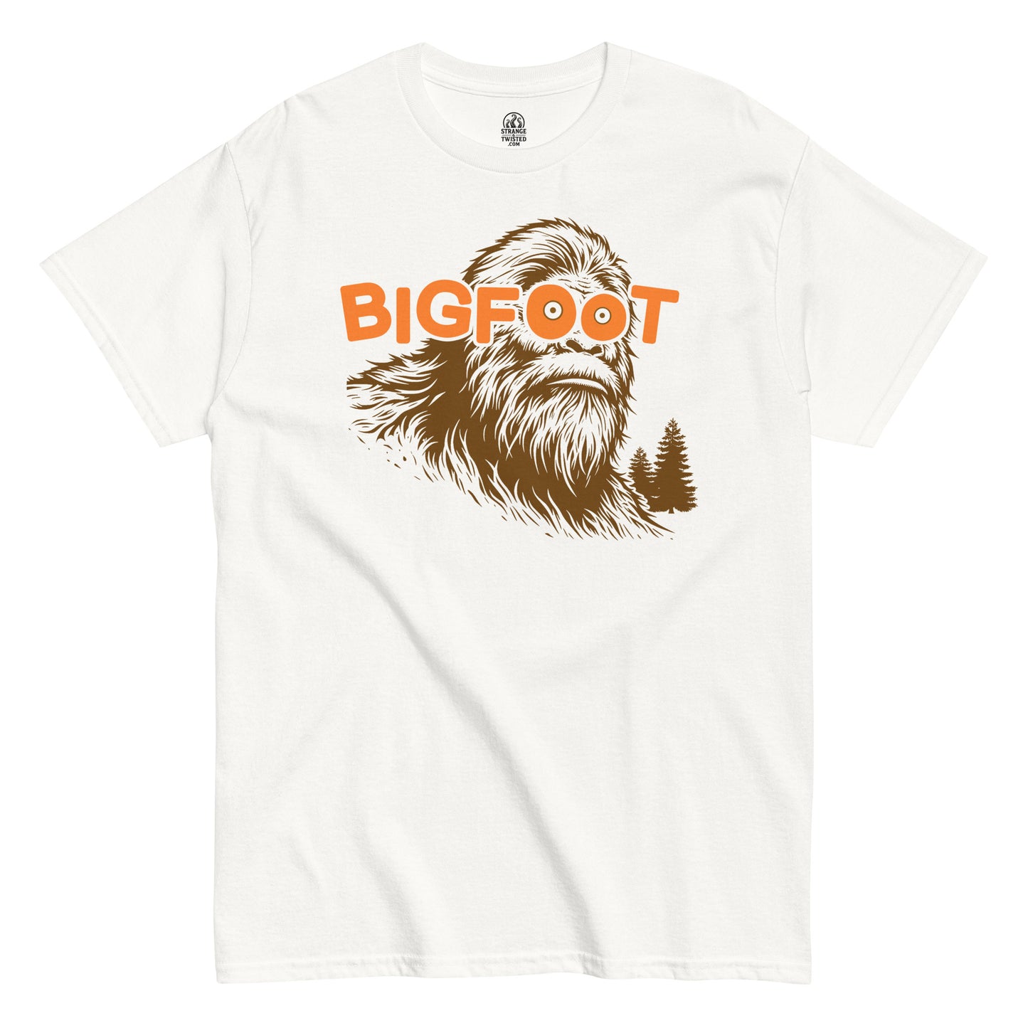 Front view of white Bigfoot T-shirt with bold Sasquatch illustration