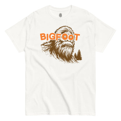 Front view of white Bigfoot T-shirt with bold Sasquatch illustration