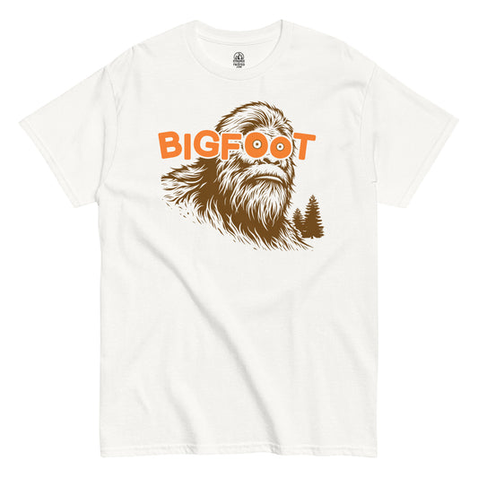 Front view of white Bigfoot T-shirt with bold Sasquatch illustration