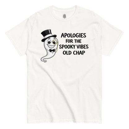 Front view white t-shirt with smiling ghost wearing top hat and monocle spooky humour design