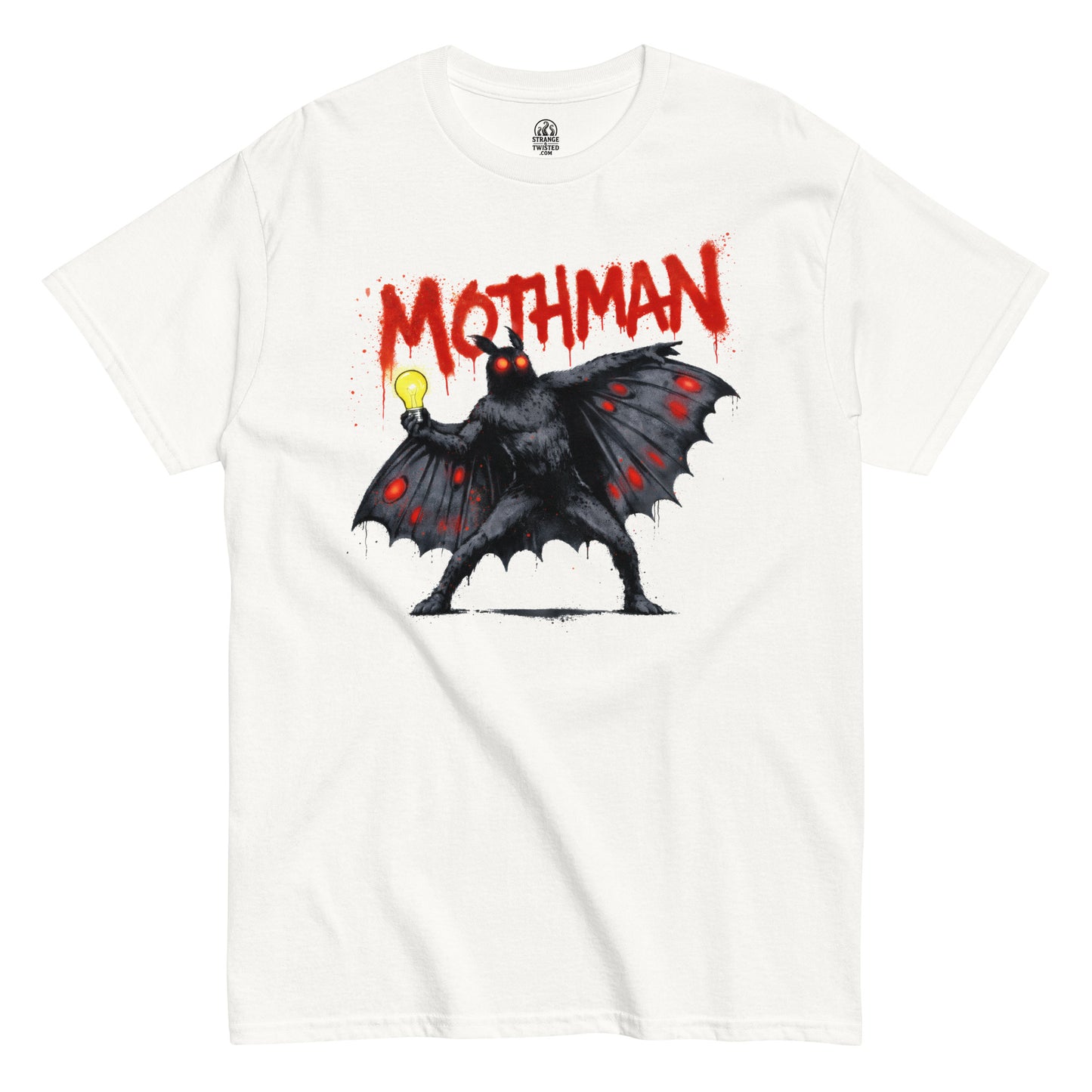 white t-shirt featuring graffiti style Mothman holding a glowing lightbulb with dripping red text