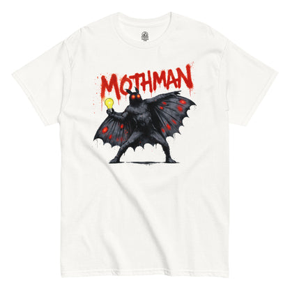 white t-shirt featuring graffiti style Mothman holding a glowing lightbulb with dripping red text
