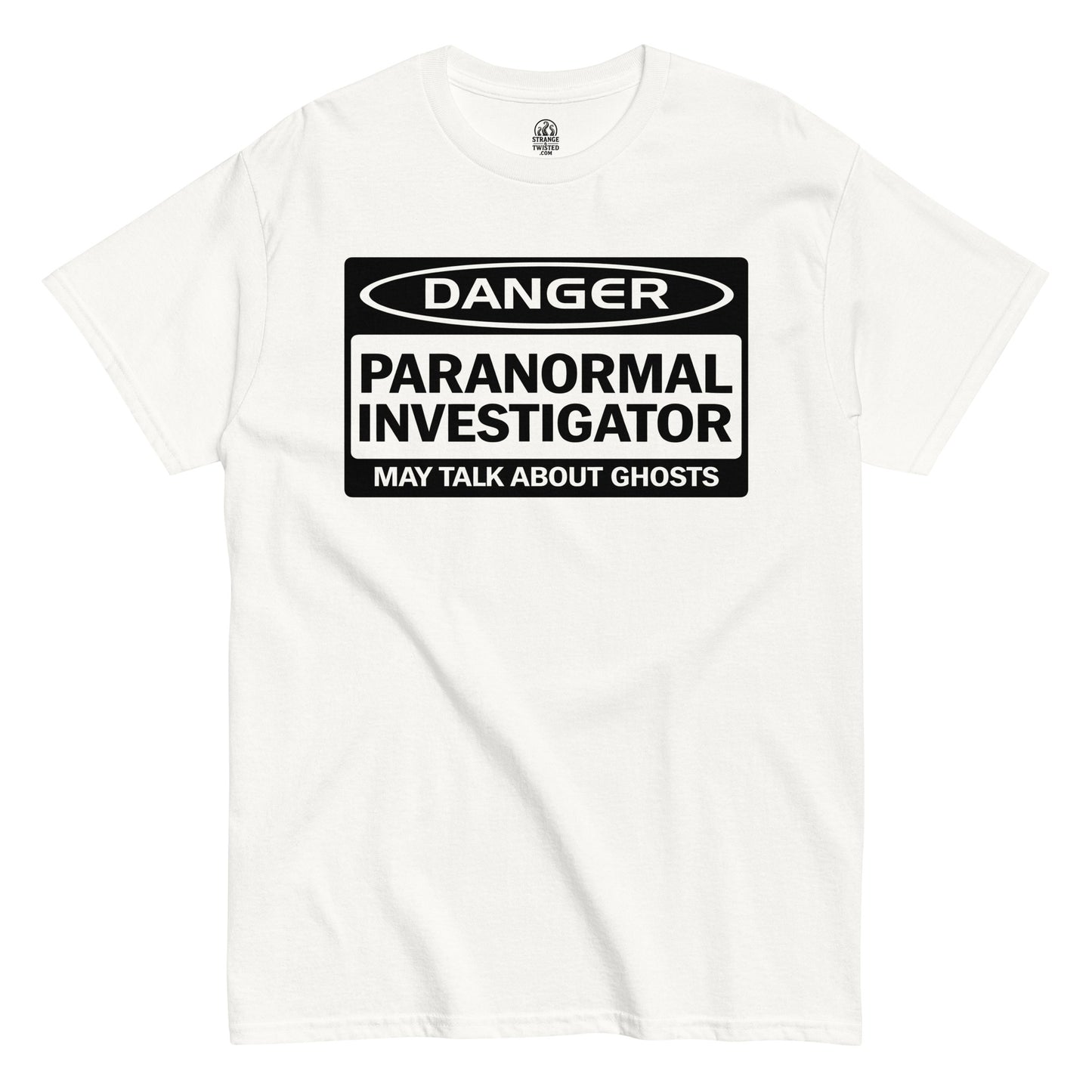 White paranormal investigator t shirt with danger warning text and ghost humour design