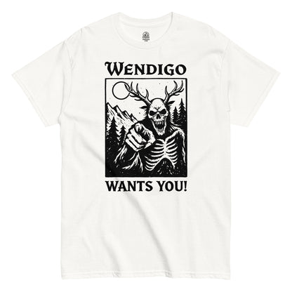 Front white t-shirt with Wendigo horror illustration and Cryptid style artwork