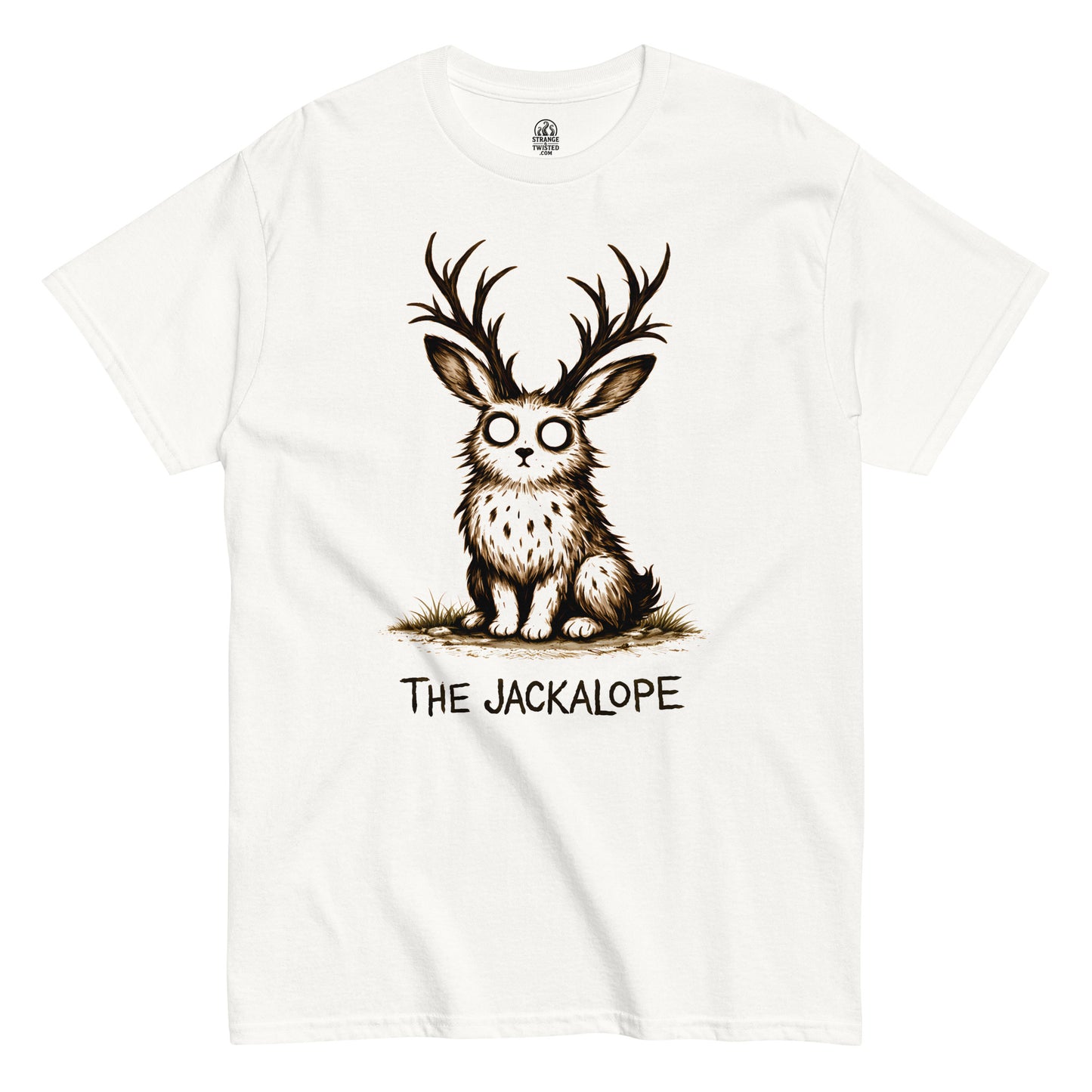 Jackalope cryptid illustration T-shirt featuring wide-eyed mythical creature with antlers