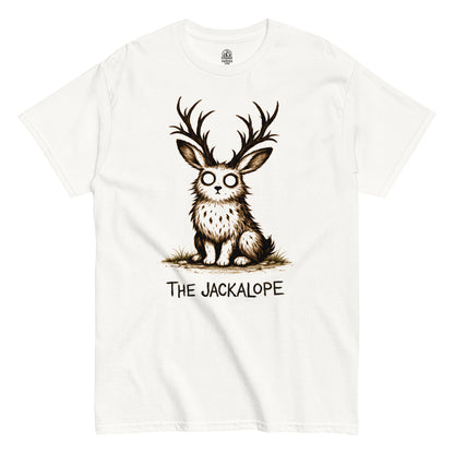 Jackalope cryptid illustration T-shirt featuring wide-eyed mythical creature with antlers