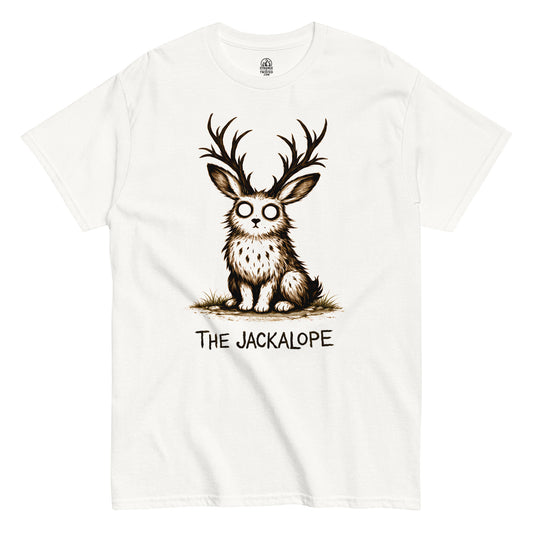Jackalope cryptid illustration T-shirt featuring wide-eyed mythical creature with antlers
