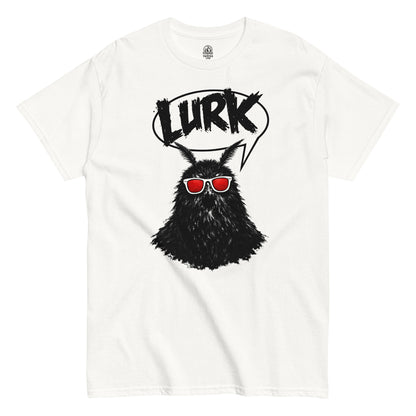 White t-shirt featuring Mothman wearing red sunglasses with the word LURK above