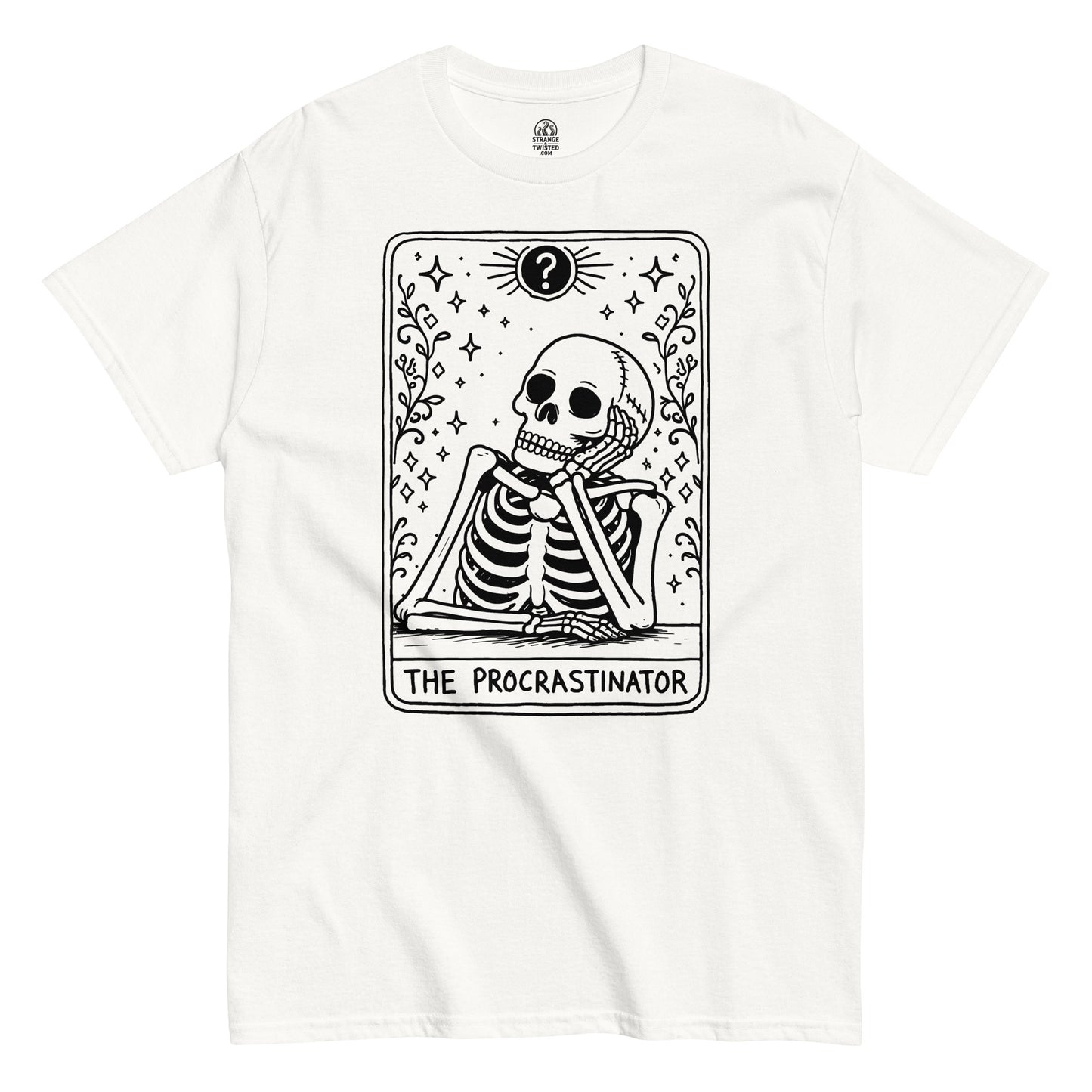 White t-shirt featuring The Procrastinator tarot card design with gothic illustration