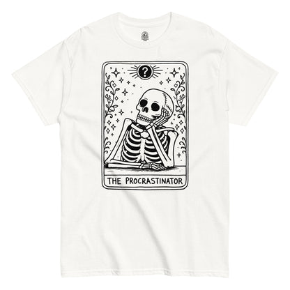 White t-shirt featuring The Procrastinator tarot card design with gothic illustration