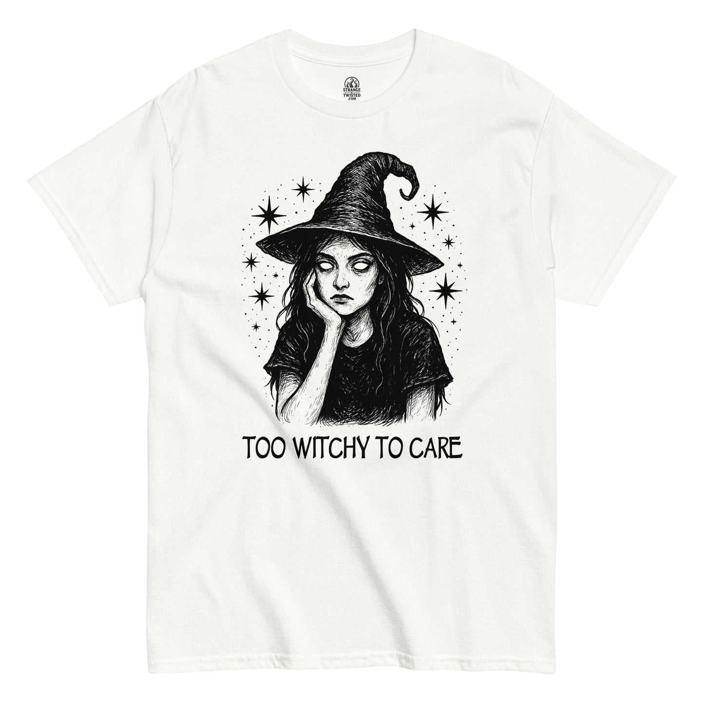 Front image white T shirt with Too Witchy To Care witchcraft text design