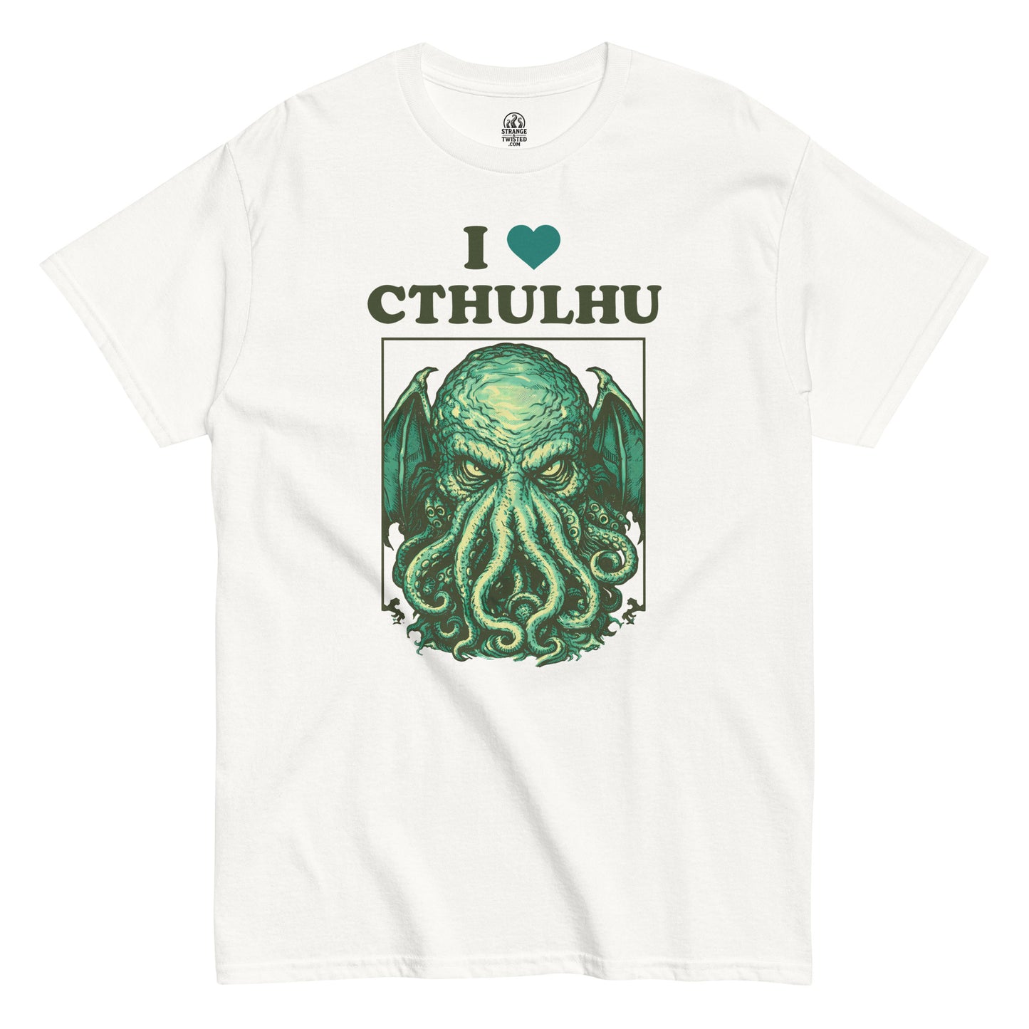 I Love Cthulhu cosmic horror T shirt on white featuring detailed green tentacled eldritch creature illustration
