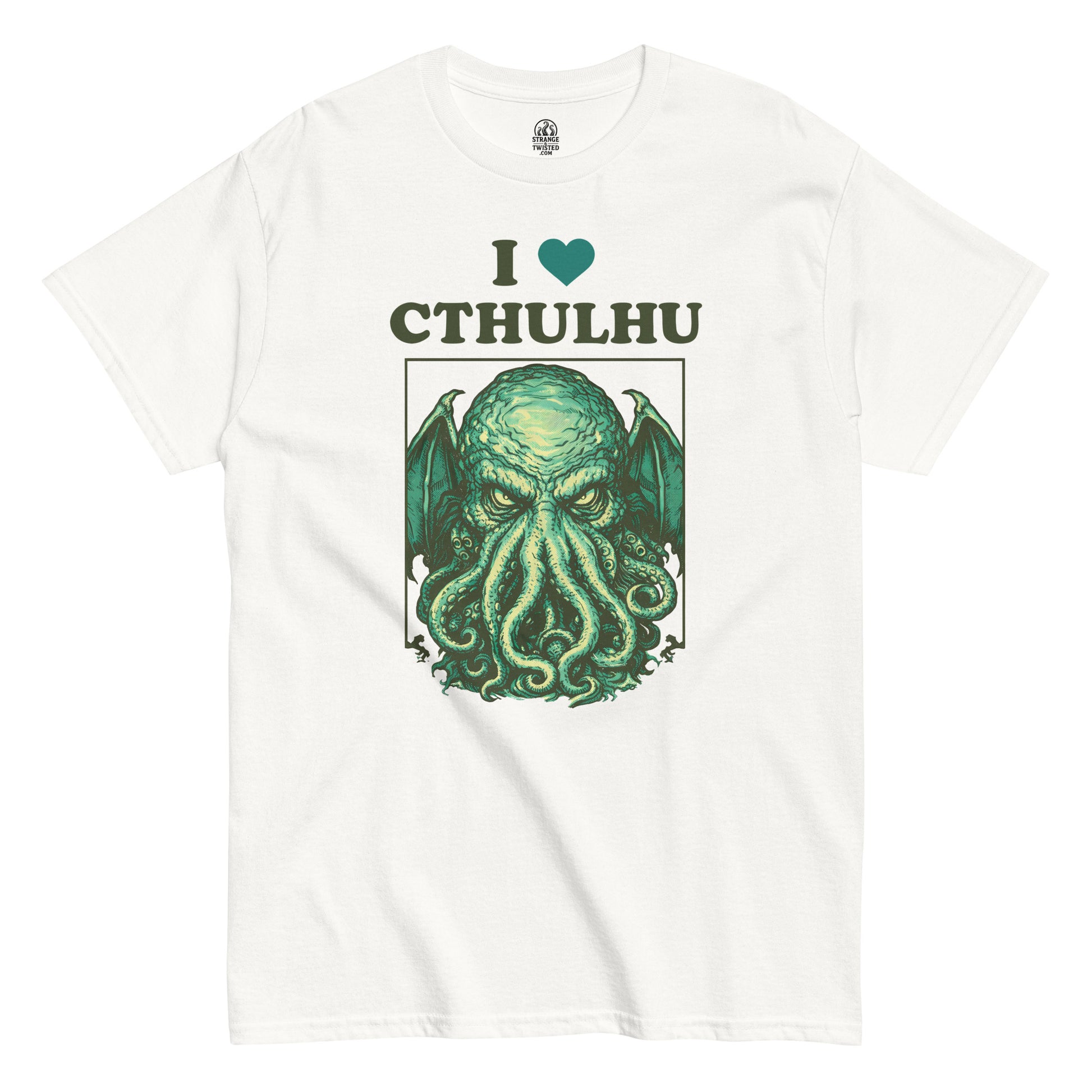I Love Cthulhu cosmic horror T shirt on white featuring detailed green tentacled eldritch creature illustration