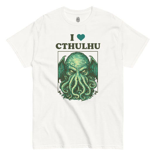 I Love Cthulhu cosmic horror T shirt on white featuring detailed green tentacled eldritch creature illustration